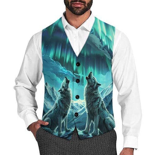 Wolves Howling Northern Lights Novelty Men's Suit Vest Casual Formal Dress Vests Business Waistcoat
