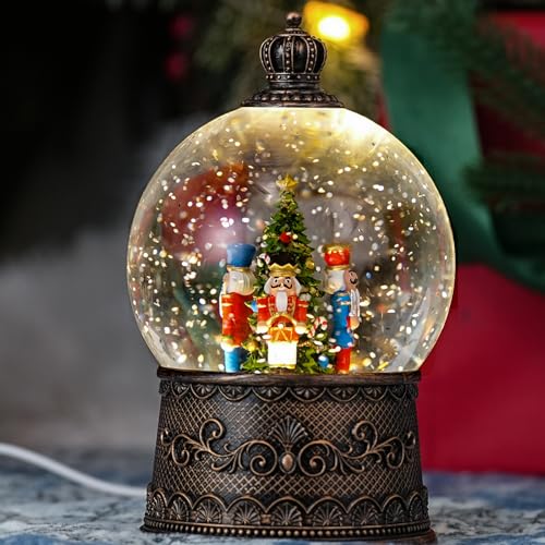 Snow Globe with Nutcrackers Light Up Christmas Snow Globes with Music Timer - USB Plug or Battery Operated Glitter Globe Indoor Christmas Decorations
