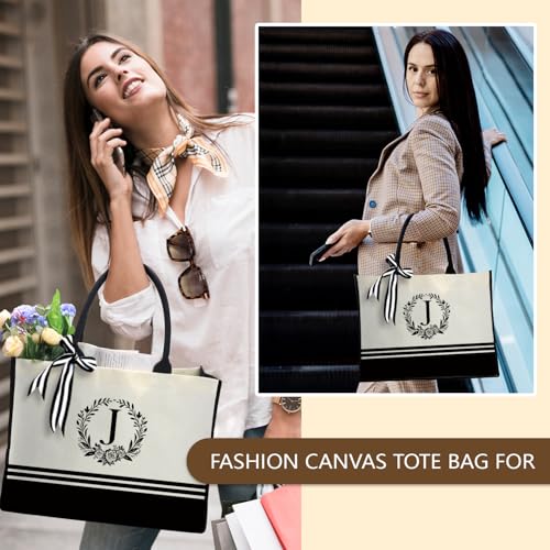Image of Personalized Initial Canvas Tote Bags, Monogrammed Tote Bag Gifts for Women Teacher Friend for Birthday Wedding