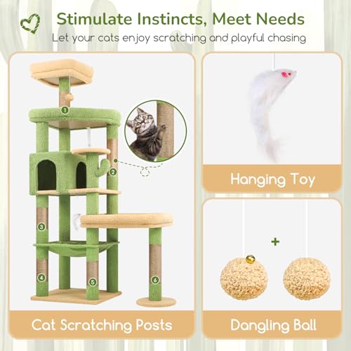Image of Globlazer Extra Large Platform Cactus Cat Tree, 65in Sturdy Cat Tree for Multiple Indoor Cats Large Adult, Big Cat Tower with 3 Padded Perches, 6 Scratching Posts, Spacious Condo, Hammock, S65, Green