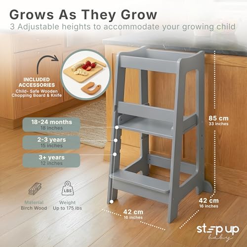 Image of Stepup Baby Toddler Standing Tower - 3 Level Adjustable Wooden Kitchen Step Stool, Bathroom Sink, Kitchen Counter, Kids 18 Months to 4 Years Gift - Gray