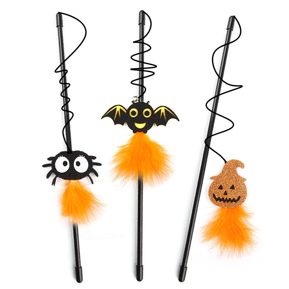 ARFUKA Cat Toys Interactive Feather Wand with Bells and Halloween Elements Retractable Cat Teaser for Kitty Kitten Scratching Exercise Indoor Pack of 3