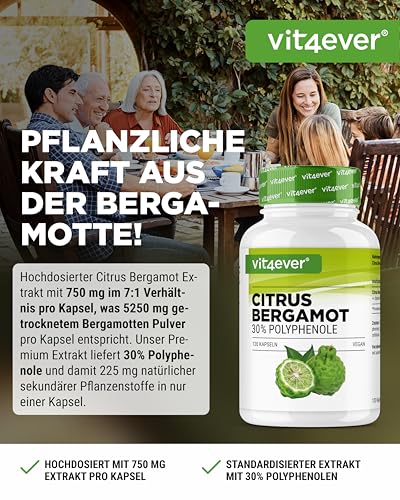 Citrus Bergamot - 120 Kapseln hochdosiert mit je 750 mg Extrakt - Premium: 30% Polyphenole - Kreuzung aus Zitronatzitrone & Bitterorange - Vegan, ohne unnötige Zusätze