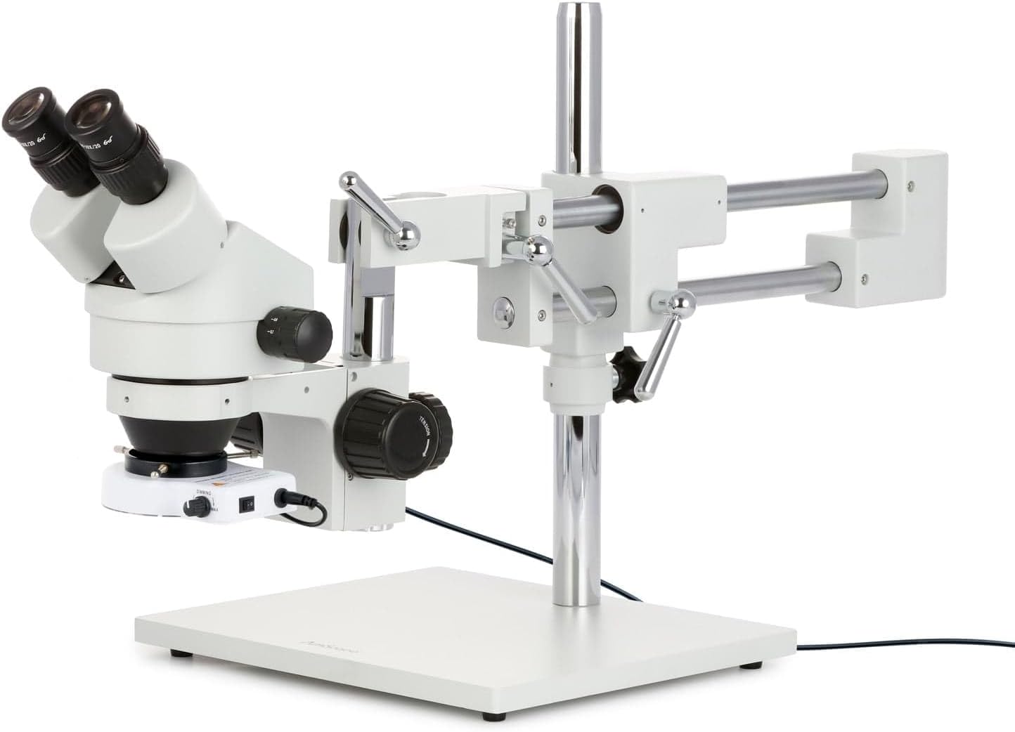 AmScope SM-4BZ-80S Professional Binocular Stereo Zoom Microscope, WH10x Eyepieces, 3.5X-90X Magnification, 0.7X-4.5X Zoom Objective, 80-Bulb LED Ring Light, Double-Arm Boom Stand, 90V-265V, Includes 0.5x and 2.0x Barlow Lenses