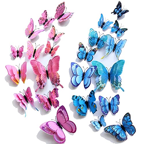 WandSticker4U®- 24X 3D PAPILLONS déco aile double et aimant (rose+bleu), papillon decoratifs pour réfrigérateur meubles mur de la salon chambre cuisine fenêtre chambre d'enfant filles adulte ado