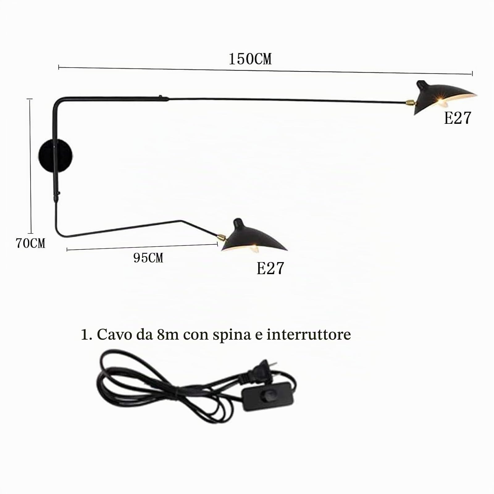 Creativo Molte Direzioni Lampada da Parete/muro Orientabile Industriale Braccio Lungo Orientabile 2 Fiamme Applique da Parete E27 Metallo Nero Comodino Lampada da Lettura con Interruttore