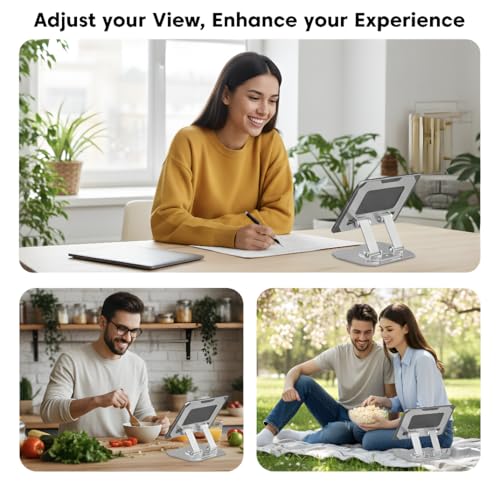 Image of Aluminium Tablet Stand Holder with 360 Rotating Base & Multi-Angle Adjustment, Universal Desk Tablet Dock for iPad Pro /Air /Mini, Samsung Galaxy Tab & All Tablets (Silver)