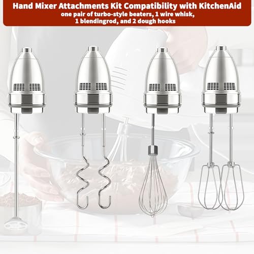 Image of Hand Mixer Beater Attachments for KitchenAid Set of 6 | Including Turbo Beater, Pro Whisk, Dough Hooks, Blending Rod Compatible with KHM512 KHM6118 KHM7210 KHM926