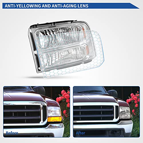 Image of oEdRo Headlight Assembly Compatible with 2005 2006 2007 Ford F250 F350 F450 F550 Super Duty /2005 Excursion Headlamp with Amber Reflector, Clear Lens Chrome Housing