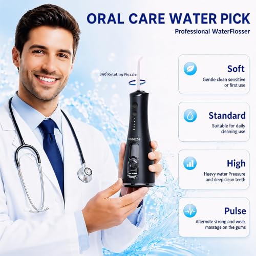 Image of KAMEX Cordless Water Flosser for Teeth Cleaning: Portable Oral Irrigator with 300ML Tank, 5 Jet Tips, 4 Modes, 40-120 PSI, IPX7 Waterproof, Rechargeable Dental Water Pick for Braces & Sensitive Gums