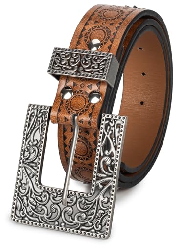 Image of Mealah Womens-Western-Belt Rhinestone-Cowboy-Cowgirl Belt - Embossed PU-Leather Belt with Diamond Flower-Buckle(for 31-38'')