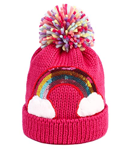Little Girls Winter Sequin Rainbow Beanie Hat with Pom Pom Knit Cap for Kids Baby Toddler