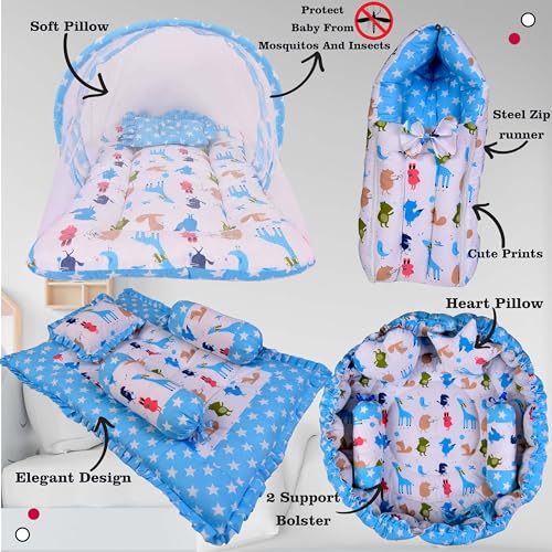 Image of Kwitchy Baby Bedding Set New Born Baby Bed | Mattress | Mosquito Net | Gadda Set | Bed | Cotton | Essential Combos | Gift Pack | Boys & Girls (0-6 Months) Blue (4PCS Set)