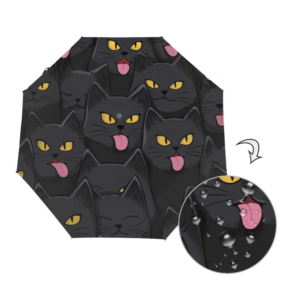 Ombrello pieghevole con motivo gatto nero divertente ombrello da viaggio compatto antivento impermeabile con protezione UV rivestimento nero leggero 8 coste portatile per pioggia sole
