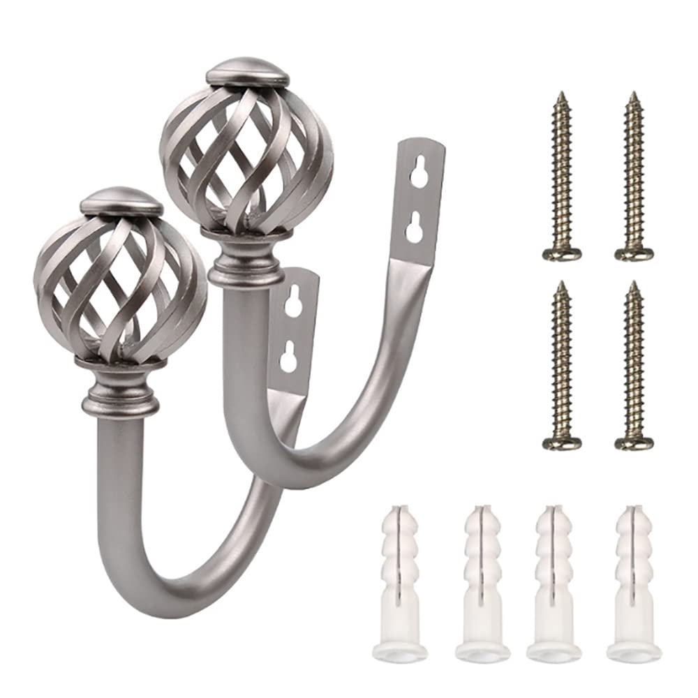 ANCLLO Set of 2 Curtain Holdbacks -Hooks -Ties- Tiebacks -Holders for Drapes Drapery, Metal Wall Mounted Silver
