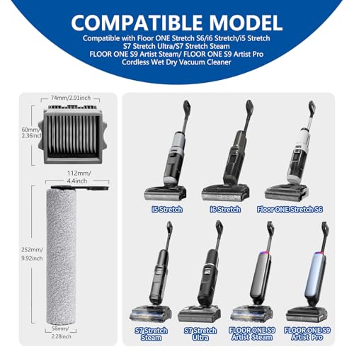 Image of Keluke Roller Brush and Filter Replacement Compatible with Tineco Floor One Stretch S6 / i6 /i5 Stretch /S9 Artist /S7 Stretch Cordless Vacuum Cleaner Replacement Parts