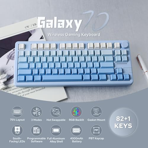 Image of EPOMAKER Galaxy70 Aluminium Mechanical Keyboard, Wireless Gaming Keyboard Bluetooth /2.4GHz /USB, Programmable and Hot Swappable Thocky Keyboard (Blue Ombre, Zebra Linear Switch)