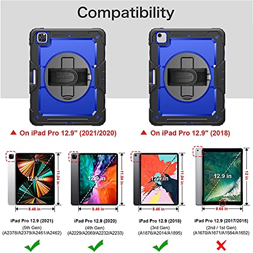 Casebot Case For Ipad Pro 12.9 Inch 5Th Gen 2021 With Pencil Holder, [360° Rotating Kickstand] Shockproof Cover With Hand Shoulder Strap, Screen Protector, Also Fit Ipad Pro 12.9" 4Th/3Rd Gen, Navy #TOP1