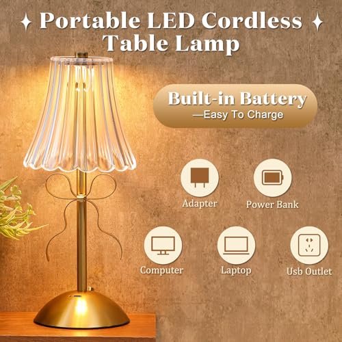 Image of Liliful 2 Pcs Cordless Table Lamp Rechargeable Touch LED Small Gold Portable Battery Operated USB-c Desk Lamp 3 Color Dimmable for Bedroom Living Room Dining (Gold,Bow Rose Style)
