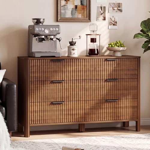 Image of Wodeer 6 Drawer Dresser for Bedroom, 47 inch Wide Wood Storage Cabinet with Fluted Design, Modern Chest of Drawers & TV Stand for Living Room, Nursery Clothing Organizer with Metal Slides, Anti-Tipping