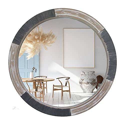 BRIGHTONLIVING Rustic Wooden Frame Vintage Farmhouse Chic Decorative Accent Wall Hanging Mirror (Round-31 Inch)