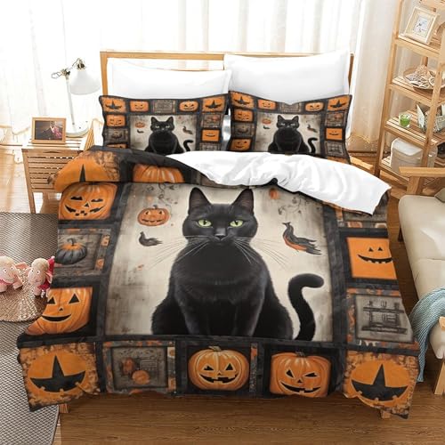 Funda nórdica gato negro microfibra suave 220x240cm con diseño cabeza de zucca 3D 3