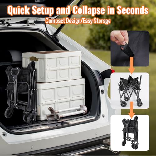 Bollerwagen Faltbar, 120L 120KG Belastbar Bollerwagen, 360° Geländeräder, 70 x 43 x 72cm Faltwagen Strandwagen mit 2 Getränkehalter 12cm Reifen für Camping Strand Einkaufen (Schwarz)