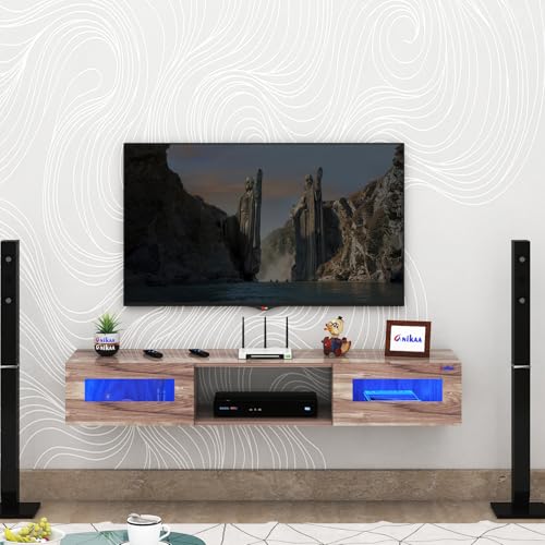 Image of Anikaa Orilo Wall Mount Modern Floating TV Unit for Living Room with 3 Storage Cabinet & Blue LED Light | Ideal for UP to 55 Inch TV (Coachwood Finish - DIY Installation)
