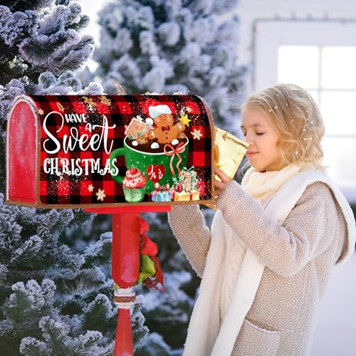 Image of 25.5 inchx21 inch Gingerbread Mailbox Cover Magnetic Large Size Have A Sweet Christmas Cookies Mailbox Wrap Post Cover with Red Black Buffalo Plaids for Yard Garden Outside Holiday Decor