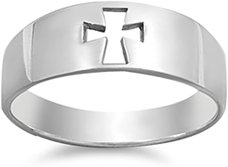 Sterling Silver Plain Cut Out Cross Ring 7mm (Size 4 to 13)