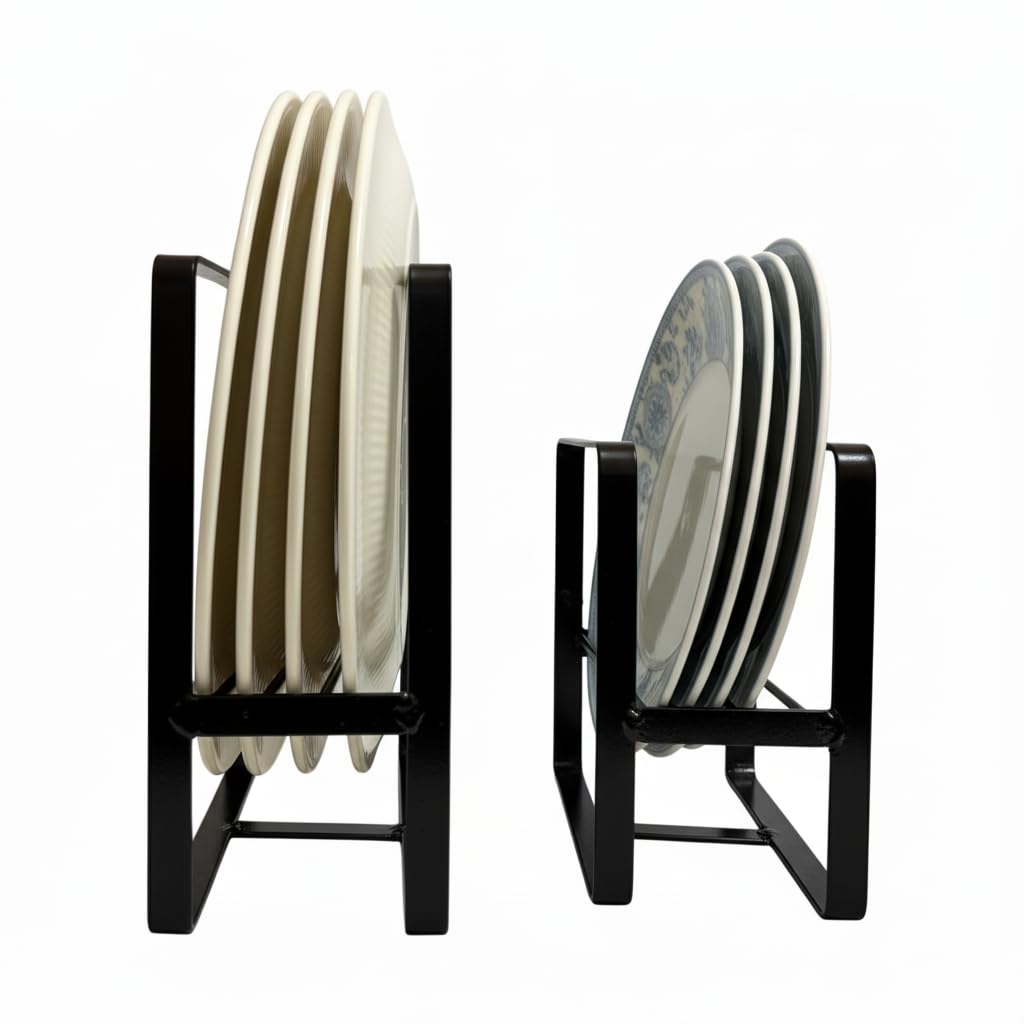 PLATIPUS 2Pcs Big & Small Plate Stand for Kitchen | Steel Utensil Stand, Dish Rack, and Bowl Organizer | Heavy-Duty Bartan Stand, Tawa & Lid Holder | Multipurpose Kitchen Storage Rack – Black