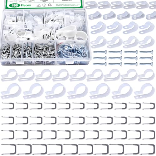 Clips de cable tipo R surtidos en 6 tamaños con clavos aislados pack de 390 piezas