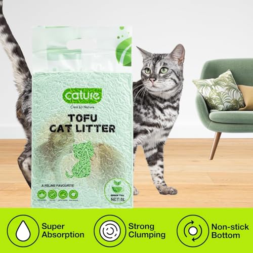 Image of Cature Care by Nature Tofu Cat Litter Natural Flushable Clumping Litter Plant Based Biodegradable Ultra Odour Control 99% Dust Free Low Tracking Cat Litter (Green Tea, 6L, Pack6)