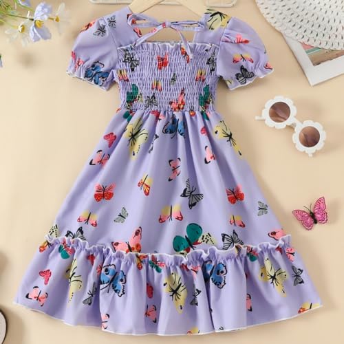 Girls Short Bubble Sleeve Butterfly Print Smocked Ruffle Dresses for Tween Girl Casual A-Line Midi Party Clothing3