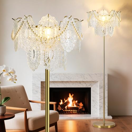 Gold Glass Floor Lamp 63 Modern Vintage Standing Lamp with Imitation Pearl Decoration Double-Layer Figured Glass shade Elegant Brass Standing Floor Lamps for Living Room Bedroom Bulb Included