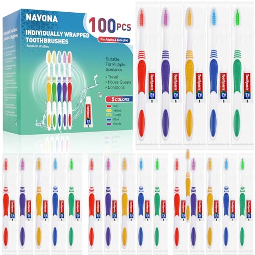 Navona 100 PCS Disposable Toothbrush with Toothpaste Bulk Travel Toothpaste Bulk Toothpastes Individually Wrapped Bulk Toothbrush Ergonomics Handle Medium Soft Bristle Perfect for Travel Hotel