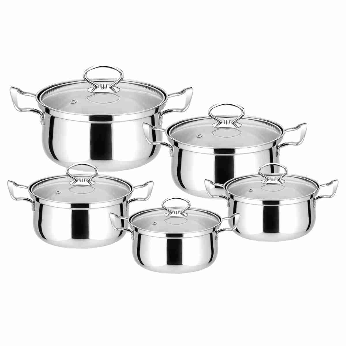 Batería de Cocina, 10 Piezas, Acero Inoxidable, Compatible con Cocinas de Gas, Vitrocerámica e Inducción, Ollas de 16-24 cm