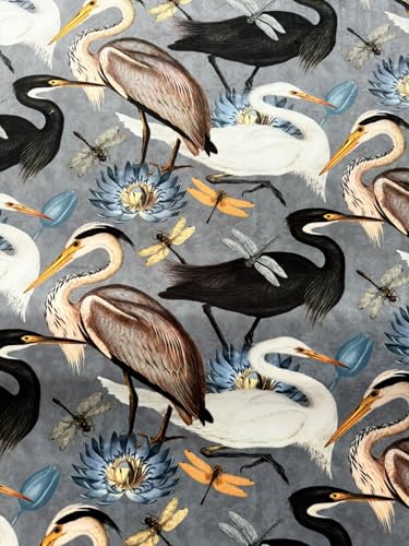 Tissu en velours héron gris 152 cm pour rénover un fauteuil usé avec un imprimé oiseaux