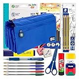 ColePack 20 Lote de Estuche Portatodo Cuadruple con 4 Cremalleras y Material Escolar de Primeras Marcas Incluido (CP20 Azul)