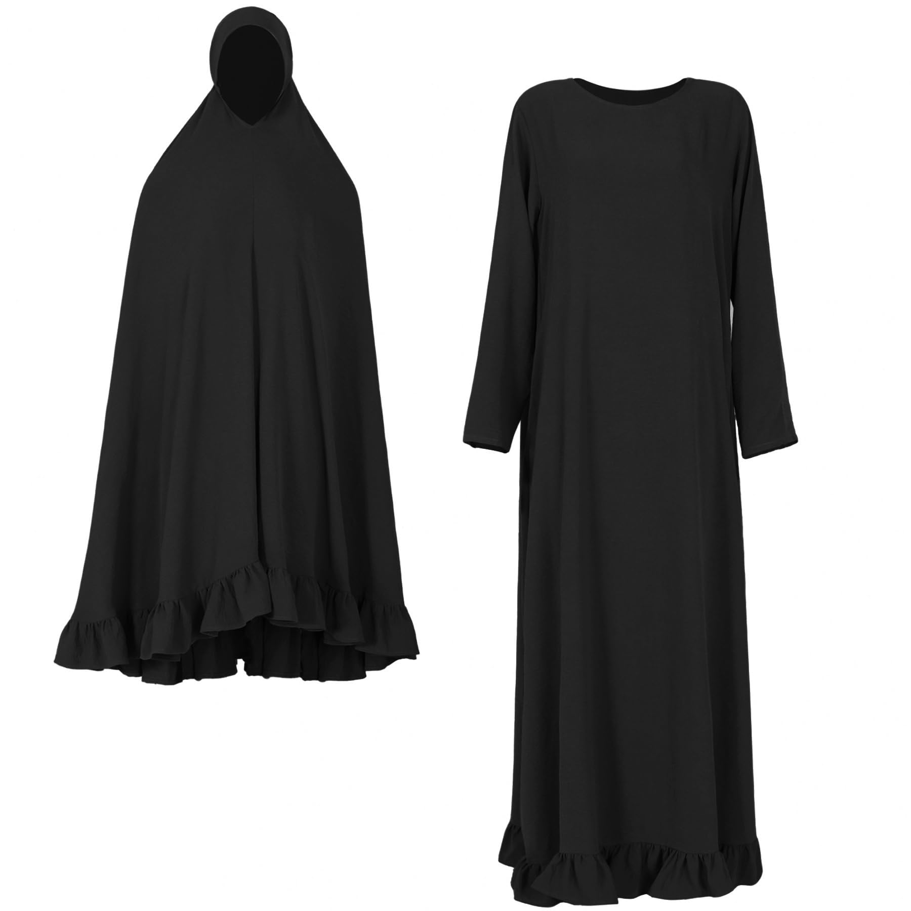 khalat 2PCS Abayas für Frauen Muslimisches Kleid mit gerüschtem Saum Bescheidenes Gebetsgewand Vollständig bedeckendes bescheidenes Jilbab-Set