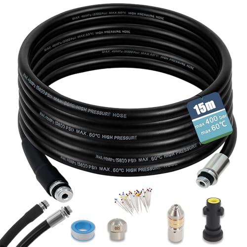 Rohrreinigungsschlauch 15m, Rohrreinigungs Set Kompatibel mit Kärhcer K2, K3, K4, K5, K6, K7, Hochdruckreiniger 400Bar 60°C für Verstopfung und Reinigung des Abflusses