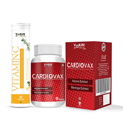 Image of Vokin Biotech Cardiovax With Arjuna Extract & Moringa Extract Pack of 60 Tablets With Exclusive Vitamin C Effervescent Water Soluble 20 Tablets Free