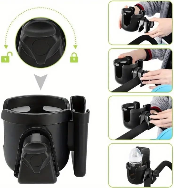 2-in-1 Walker Cup Holder with Phone Holder Universal Stroller Cup Holder Non-Slip Wheelchair Cup Holder 360° Rotatable Drink Holder Fits Most Cups (Black)