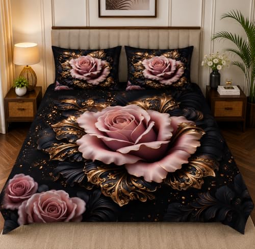 Image of 7D Digital Printed King Size Bedsheet | 240TC Premium Cotton Feel Microfiber with 2 Pillow Covers | Soft Breathable & Wrinkle Free Bedding Set | (BlackFloral, King Size-225x250CM)