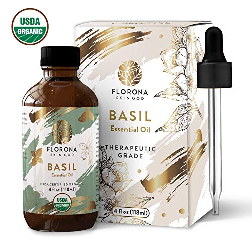 FLORONA Basil Oil Essential Oil Organic 4 Oz USDA Certified -100% Pure Natural Premium Grade Holy Basil Oil for Skin, Hair, Scalp, Massage & Aromatherapy for Skin and Hair Growth