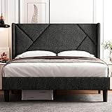 iPormis Queen Size Bed Frame with Geometric Wingback Headboard, Upholstered Platform Bed Frame with