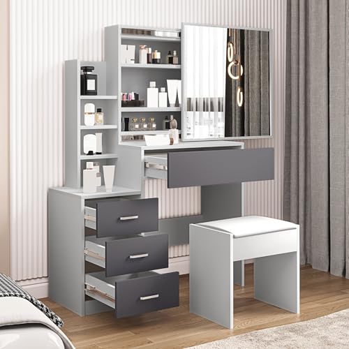 Dressing Table with Mirror and Stool, Makeup Vanity Table, 4 Drawer 3 Shelves Storage Unit Cosmetic Bedroom Dresser Make Up Desk Stool for Living Room, Bedroom Furniture, 90W x 36D x130H cm