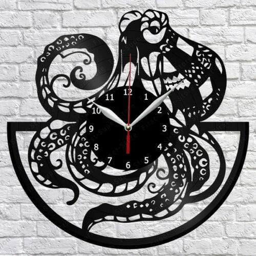 Reloj de pared de vinilo de pulpo, registro LP, decoración del hogar, arte hecho a mano, regalo de personalidad (tamaño 12 pulgadas, color negro)