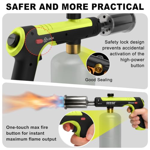 Image of SEESE Powerful Propane Torch Gun,Kitchen Cooking Torch With One-Touch Max Fire, Charcoal Lighter with a Safety Lock, Adjustable Blow Torch for Sous Vide, BBQ, Campfire, Fireplace(Tank Not Included)