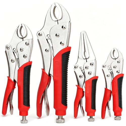 FASTPRO 4-Piece Locking Pliers Set with Heavy Duty Grip, 5', 7' and 10' Curved Jaw, 6-1/2' Long Nose Locking Pliers Included, Vise Grip Wrench Set